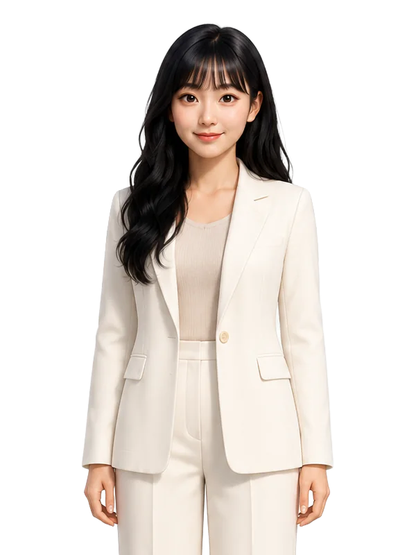 아이보리색 정장을 입고 웃고 있는 율쌤 캐릭터